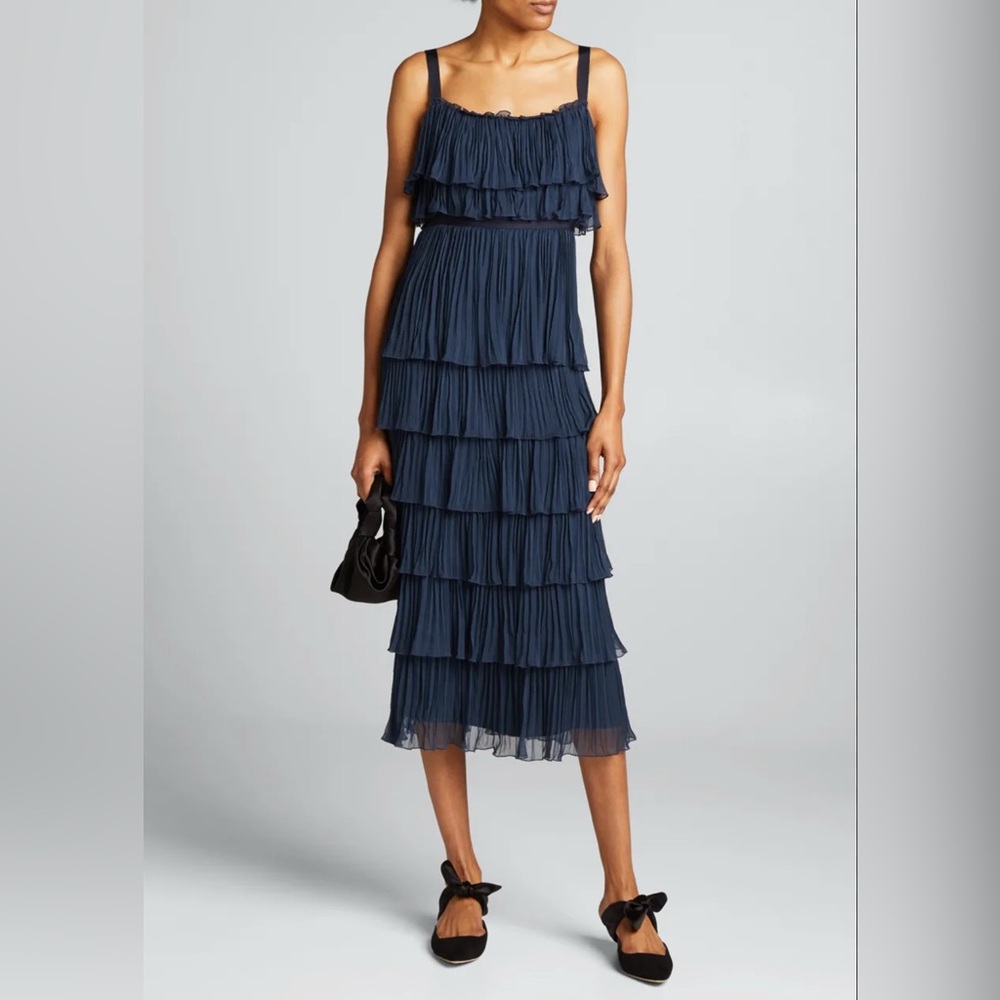 Cinq À Sept Elaine Dress Sz 6 NWT Sleeveless Navy Blue Tiered Pleated Midi Dress